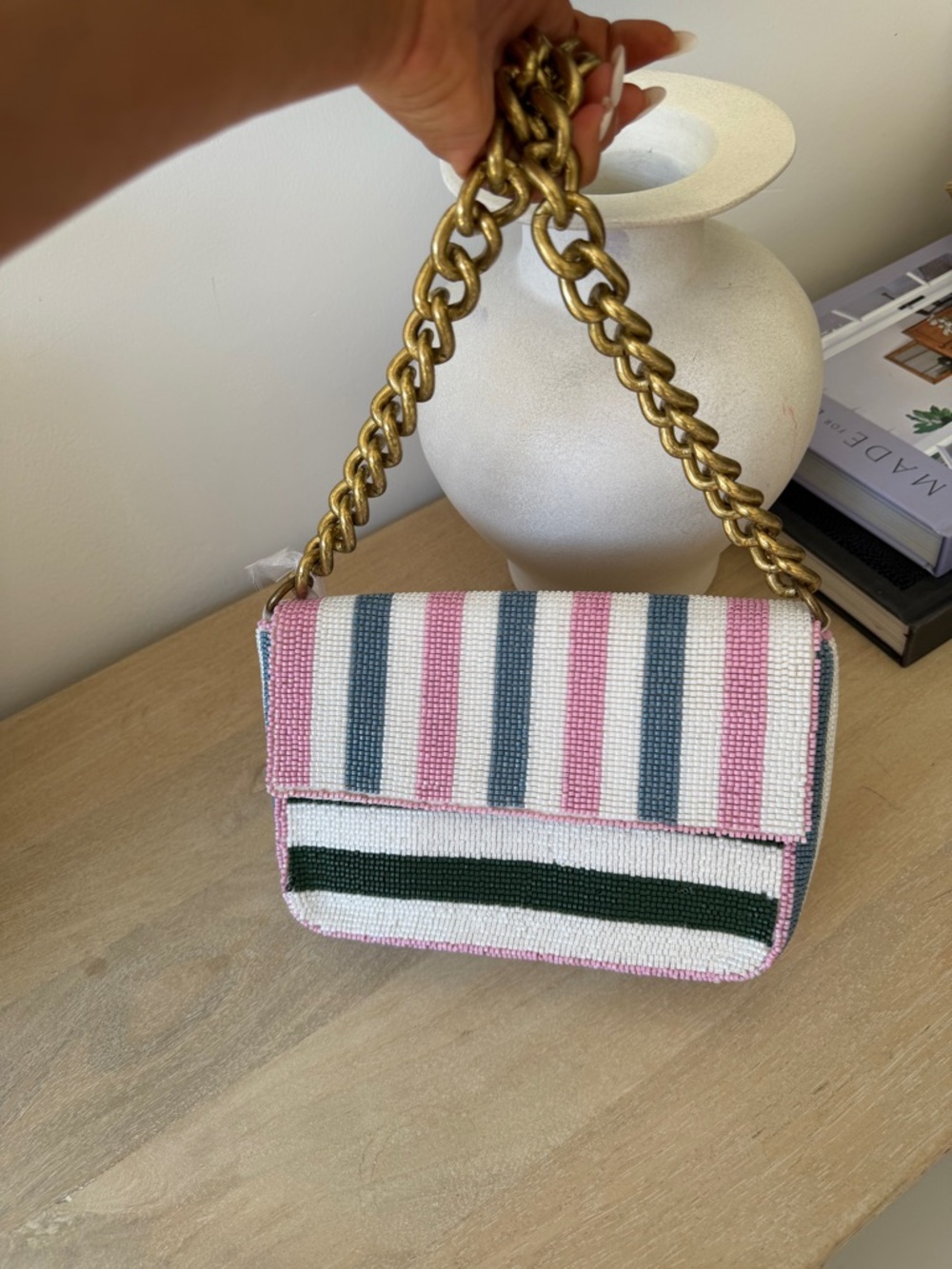 Viral Famous Beaded Stripe Shoulder Bag in Pink, White & Dark Green - Picture 10 of 15